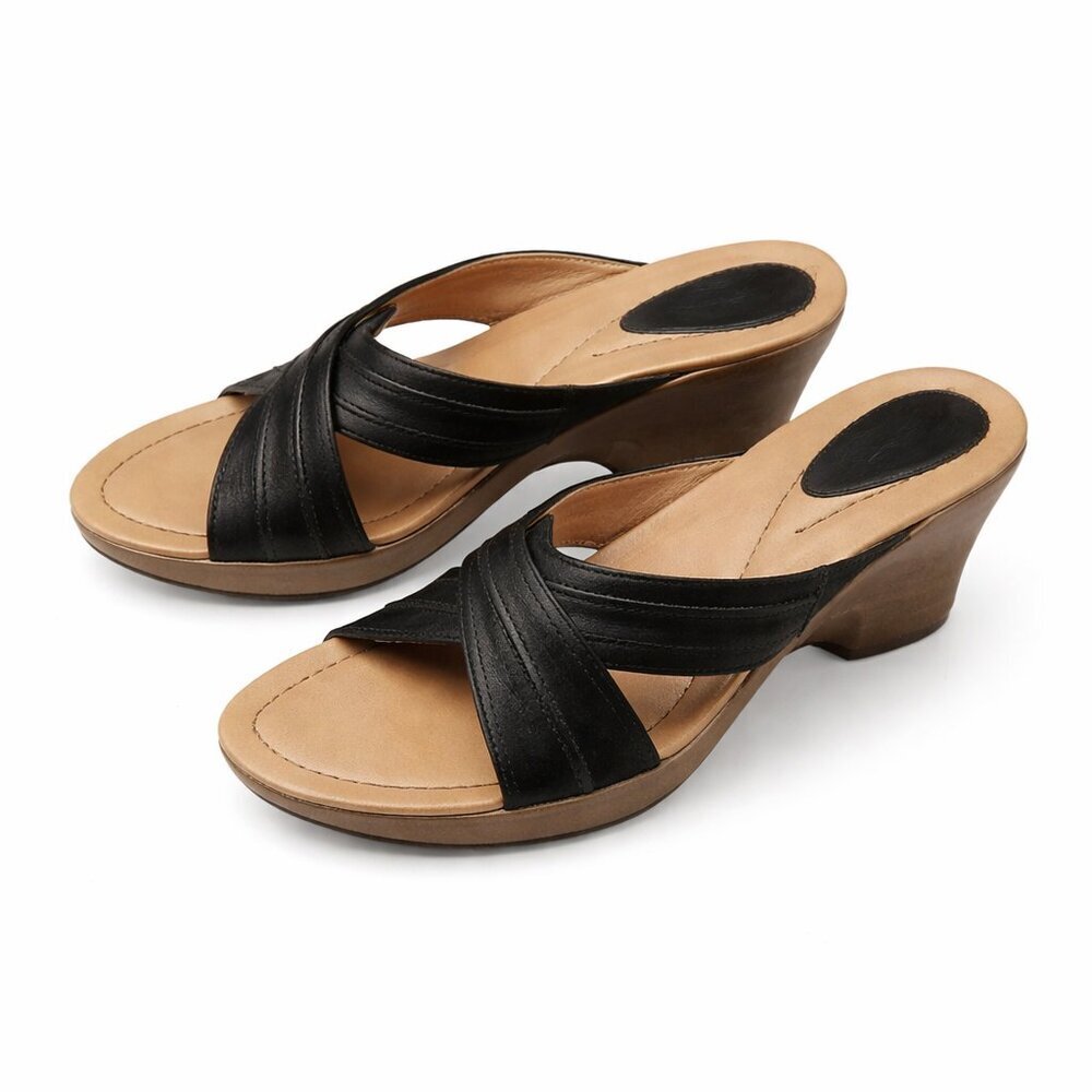 DANSKO Neeci Black Leather Slide Wood Wedges Sz 42